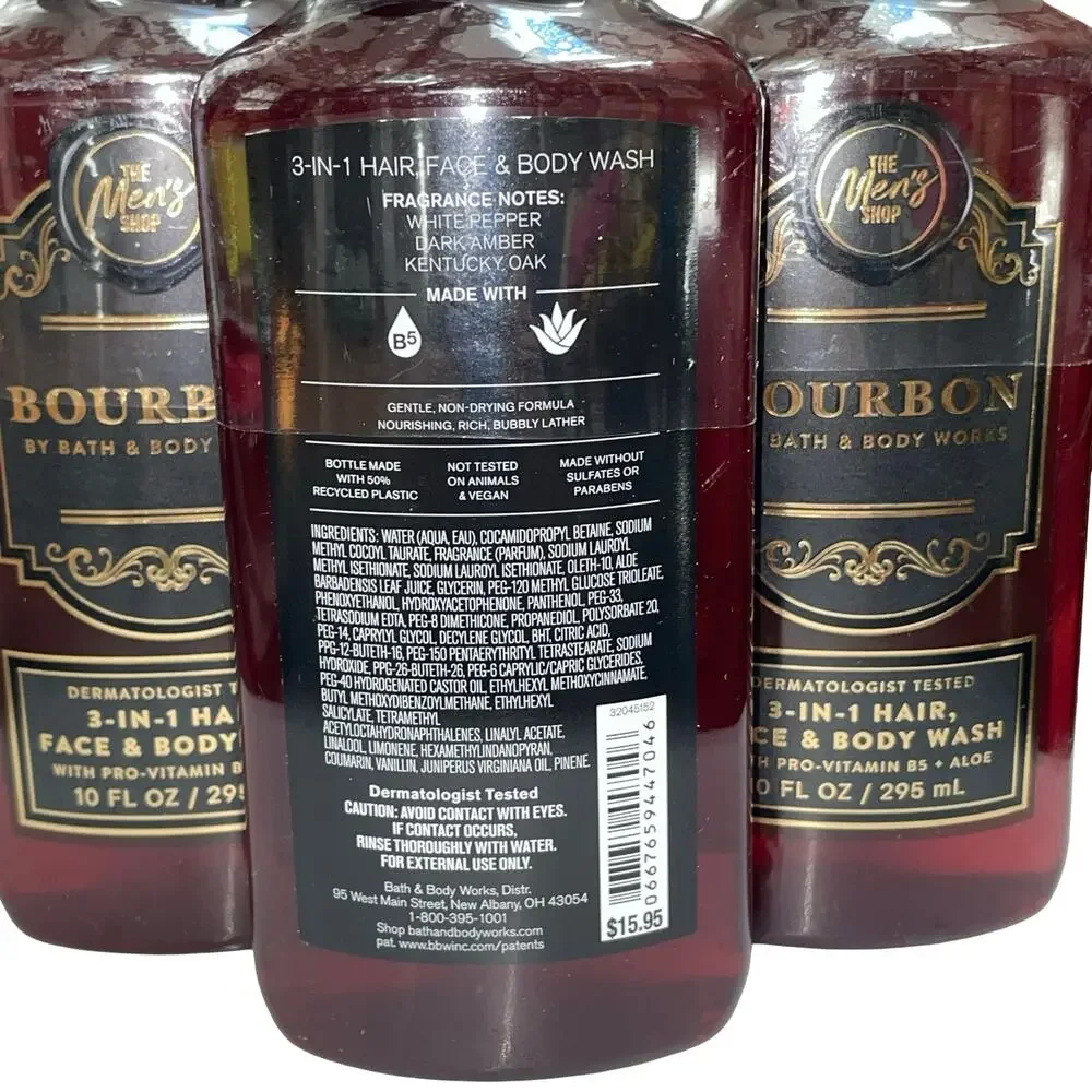 Bath & Body Works Bourbon Men's 3-in-1 Hair Face Body Wash 10oz Lot Set of 3 BBW